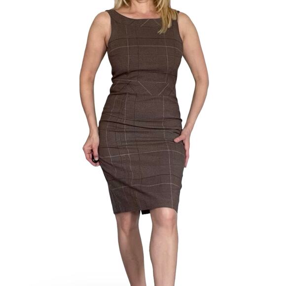 H&M Y2K Brown Plaid Sheath Dress Size 8 Sleeveless Fitted Vintage - Picture 1 of 12